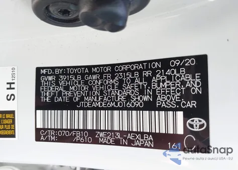 2021 Toyota Corolla Le z USA, uszkodzony, nr VIN JTDEAMDE6MJ016090